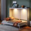 Queen Size Murphy Wall Bed Modern Design With LED Lights - White - Image 16