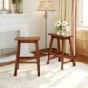 Solid Wood Rustic 3 Piece Stationary Kitchen Island Set With 2 Seatings, Rubber Wood Butcher Block Dining Table Set Prep Table Set With 2 Open Shelves For Small Places - Walnut / Cream White - Image 5