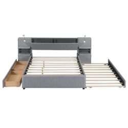Queen Size Upholstered Platform Bed With Reading Lights, Drawers, Trundle And Shelves - Gray