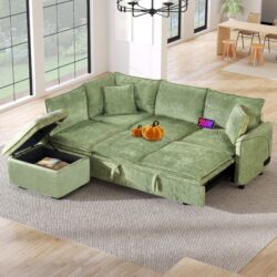 Convertible Sofa Bed Sectional Sofa Sleeper L-Shaped Sofa With A Storage Ottoman, Two Pillows, Two Power Sockets And Two USB Ports For Living Room - Green