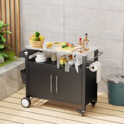 Outdoor Grill Cart With 2 Doors And Patio Furniture Stainless Steel Tabletop - Black / Silver