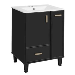 Modern Solid Wood And 24" Bathroom Vanity With Sink, Deep Drawer, Door Shelf, 2 Tier Basket - Black