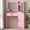 Vanity Desk With Mirror & Light, Large Drawer Three Level Storage Dresser, 3 Lighting Modes Adjustable Brightness, Bedroom Dressing Table - Pink - Image 2