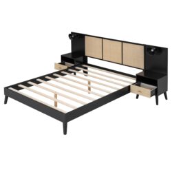 Queen Size Bed Frame With 2 Nightstands Elegant Design With Lamps - Black