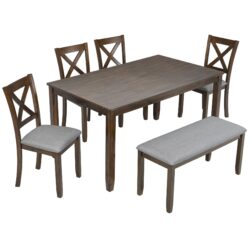 6 Pieces Kitchen Dining Set, Rectangular Wooden Dining Table With 4 Upholstered Chairs And A Bench, Dining Table Set For 6 People - Walnut