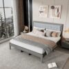 King Size Mid Century Solid Wood Platform Bed With Upholstered Headboard - Gray - Image 4