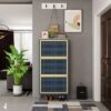 3 Door Metal Shoe Rack, Freestanding Modern Shoe Storage Cabinet With Metal Rattan, Particle Board For Entryway - Blue Gray - Image 2