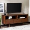 Mid Century Modern 3 Drawer 58" TV Stand For 65" TVs With 2 Open Cubbies - Walnut - Image 5