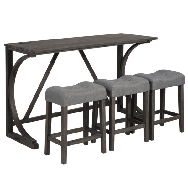 4 Piece Bar Table Set With Power Outlet, Dining Bar Table And Chairs Set, Bar Table Set With 3 Padded Stools For Living Room, Dining Room, Game Room - Dark Gray