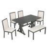Topmax - 6 Piece Farmhouse Classical Dining Table Set With Trestle Legs, Kitchen Table Set For 6 With 4 Upholstered Dining Chairs And Bench - Gray - Image 9