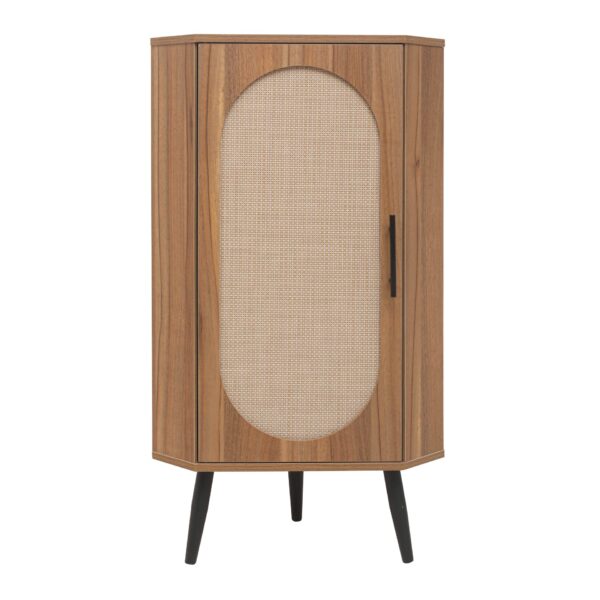 Corner Cabinet, Rattan Door, Freestanding Corner Tables For Small Spaces, Corner Shelf Stand For Living Room, Kitchen, Bathroom, Bedroom - Walnut