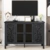 Retro TV Stand For TVs Up To 43", Entertainment Center Media Console Cabinet With 3 Spacious Cabinets, Glass Cabinet Doors And Anti-Tip Device For Living Room - Black - Image 4