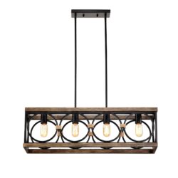 4 Light (Bulb No Included) Farmhouse Rectangle Pendant Light, Wood Texture Vintage Rustic Chandeliers Metal Industrial Hanging Light Fixtures For Kitchen, Entryway, Dining Room - Black / Natural