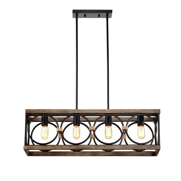 4 Light (Bulb No Included) Farmhouse Rectangle Pendant Light, Wood Texture Vintage Rustic Chandeliers Metal Industrial Hanging Light Fixtures For Kitchen, Entryway, Dining Room - Black / Natural