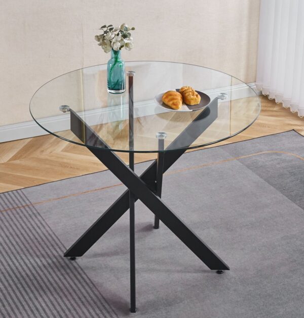 Dining Table With Cross Metal Leg And Tempered Glass, Modern Space Saving Kitchen Table For Living Room - Black