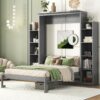 Full Size Murphy Wall Bed With Shelves And LED Lights - Gray - Image 15