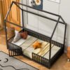 Twin Size Metal House Bed With Fence And Door - Black - Image 5
