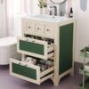 Bathroom Vanity With Ceramic Sink, Bathroom Vanity Cabinet With 2 Drawers, Wooden Bathroom Sink Cabinet - Beige / Green - Image 24