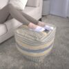 Western - Handcrafted Fabric Pouf, Durable - Natural / Blue - Image 2