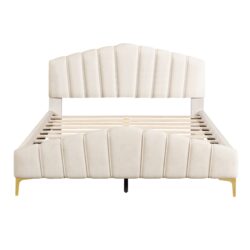 Queen Size Platform Bed With Thick, Stylish Stripe Decorated Bedboard And Elegant Leg - Beige