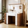 Elegant Vanity Table With Large Lighted Mirror & Power Outlet, Dressing Table With 7 Drawers & Shelves, Vanity Desk With Brown Solid Wood Style Stickers - Brown / White - Image 2