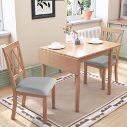 3 Piece Kitchen Dining Set With Drop Leaf Dining Table And 2 Dining Upholstered Chairs, Dining Room Set For Small Places - Natural