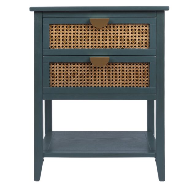 2 Drawer Side Table - Natural Rattan - End Table - Suitable For Bedroom, Living Room, Or Study - Green
