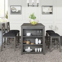 5 Pieces Counter Height Rustic Farmhouse Dining Room Wooden Bar Table Set With 2 Stools And 2 Chairs - Gray