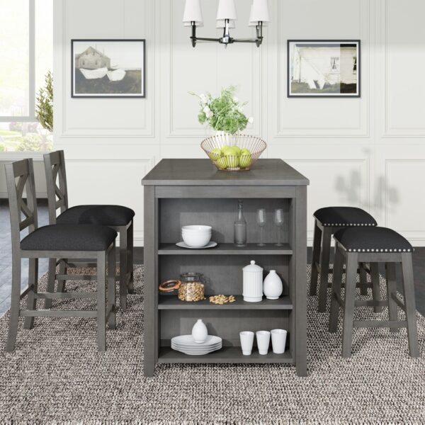 5 Pieces Counter Height Rustic Farmhouse Dining Room Wooden Bar Table Set With 2 Stools And 2 Chairs - Gray