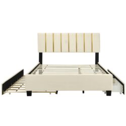 Queen Size Upholstered Platform Bed With 2 Drawers And 1 Trundle, Classic Strip Headboard Design - Beige