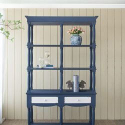 4 Tiered Wooden Shelf With Two Drawers, Farmhouse Wood Bookcase Display Storage Shelf Etageres - Antique Navy Blue