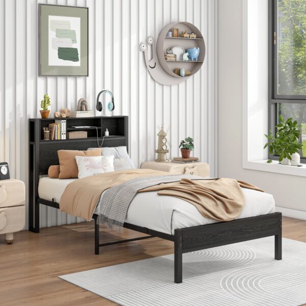 Twin Size Metal Platform Bed Frame With Storage Headboard And Charging Station - Black