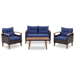 4 Piece Garden Furniture, Patio Seating Set, Outdoor Sofa Set, Wood Table And Legs - Brown / Blue