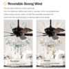 52" Crystal Shade Ceiling Fan Lamp, 3 Speed, 4 Timing, 5 Reversible Blades Crystal Ceiling Fan, 5 Pieces X E12 (No Include Bulb), Hand Pull Chain - Matte Black - Image 11