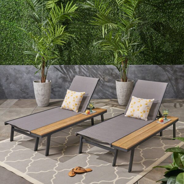 Waterloo - Chaise Lounge With Attached Wood Side Table (Set of 2) Adjustable Eucalyptus Wood And - Gray / Black