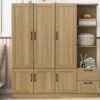 3 Door Storage Wardrobe For Dedroom With Shelves And 2 Drawers, Side Storage Shelves - Nature - Image 14