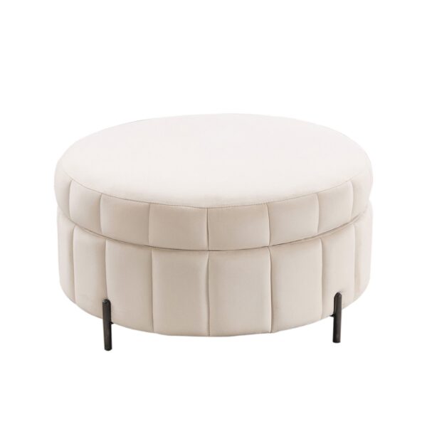 Upholstered Round Ottoman With Reversible Lid, Storage Stool, Channel Tufted Pumpkin Shape Footstool For Living Room, Bedroom And Office - Beige