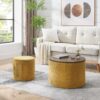 Classic Chenille Storage Ottoman Set With Drum Shaped Stool And Panel - Dark Yellow - Image 3