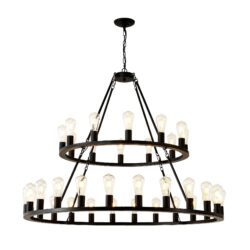 Extra Large Wagon Wheel Chandelier, 2 Tier 36 Lights (No Include) Farmhouse Industrial Round High Ceiling Pendant Light Adjustable Chain, For Dining Room, Living Room, Kitchen - Black