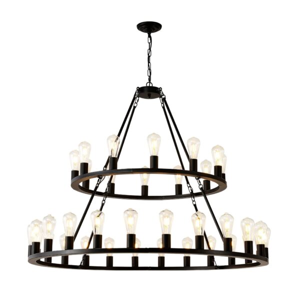 Extra Large Wagon Wheel Chandelier, 2 Tier 36 Lights (No Include) Farmhouse Industrial Round High Ceiling Pendant Light Adjustable Chain, For Dining Room, Living Room, Kitchen - Black