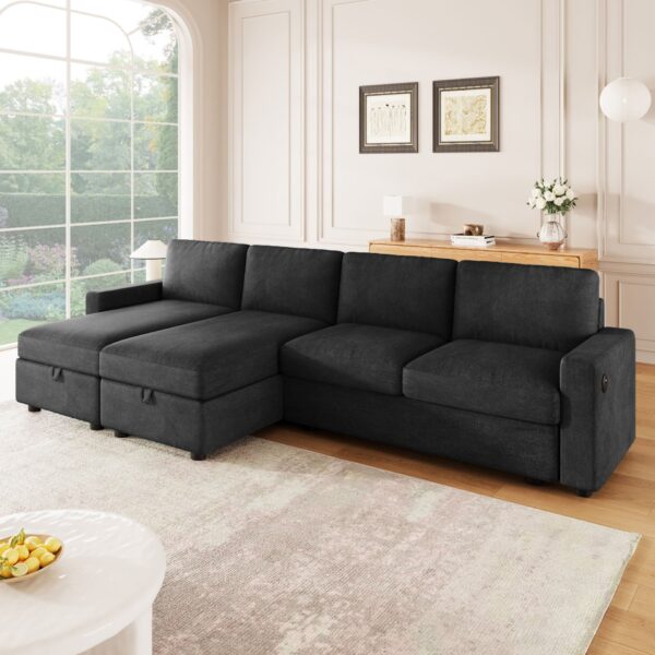 Convertible U Shaped Sectional Sofa With Storage Chaise Lounges And USB Ports - Black