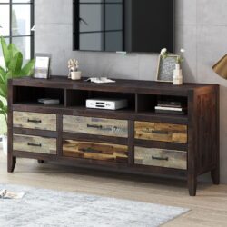 Retro Distressed Wooden TV Stand For TVs Up To 65", Entertainment Center Media Console With 6 Drawers And 3 Shelves For Living Room - Brown