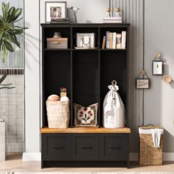 Modern Hall Tree With Entryway Bench, 3 Shelves And Drawers, Wide Hall Tree With Storage Bench For Hallway - Black