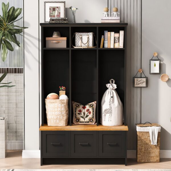 Modern Hall Tree With Entryway Bench, 3 Shelves And Drawers, Wide Hall Tree With Storage Bench For Hallway - Black
