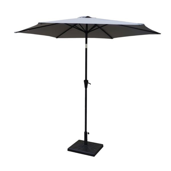 8.8' Outdoor Aluminum Patio Umbrella, Patio Umbrella, Market Umbrella With 42 Pound Square Resin Umbrella Base, Push Button Tilt And Crank Lift - Gray