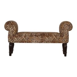 Leopard Print Velvet Bench - Walnut