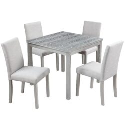 5 Piece Wooden Dining Table Set, Kitchen Table Set With A Square Table And 4 Upholstered Chairs, Wooden Dining Room Table With Crystal Decoration And Chairs Set For Kitchen, Dining Room - Silver Gray