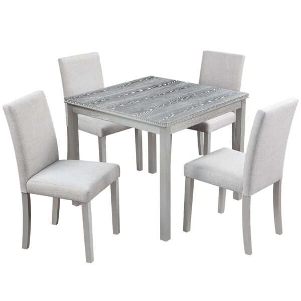 5 Piece Wooden Dining Table Set, Kitchen Table Set With A Square Table And 4 Upholstered Chairs, Wooden Dining Room Table With Crystal Decoration And Chairs Set For Kitchen, Dining Room - Silver Gray
