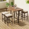 5 Piece Outdoor Acacia Wood Bar Height Table And 4 Stools With Cushions, Garden Wicker Dining Table, Foldable Tabletop, High Dining Bistro Set, All-Weather Patio Furniture - Brown - Image 3