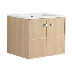 24" Wall Mounted Bathroom Vanity With Ceramic Sink And 2 Soft Closing Doors - Oak